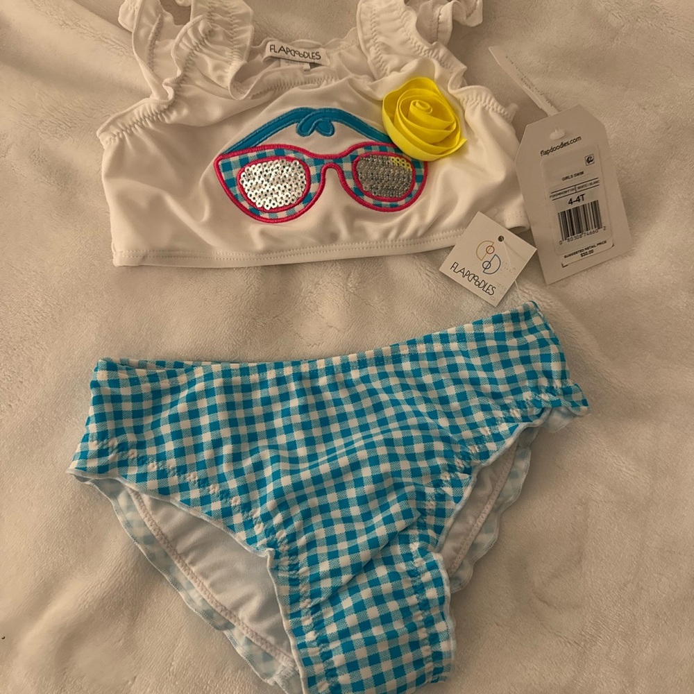 Flapdoodles Girls Two-Piece Swim Set - White & Aqua Gingham with cute accents